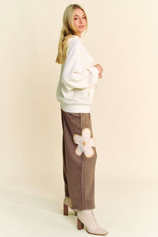 Davi & Dani - Flower Patch Elastic Waist Wide Leg Pants in Mocha