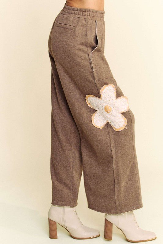 Davi & Dani - Flower Patch Elastic Waist Wide Leg Pants in Mocha