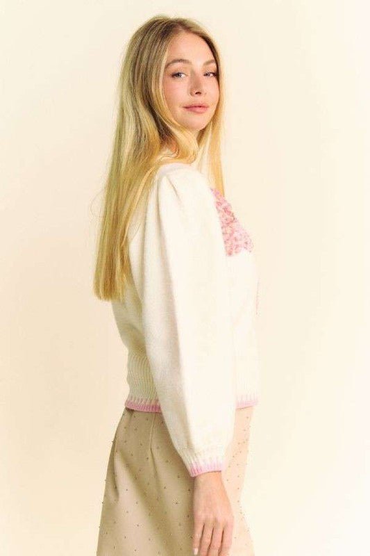 Davi & Dani - Flower Patch Fuzzy Mock Neck Sweater in Ivory