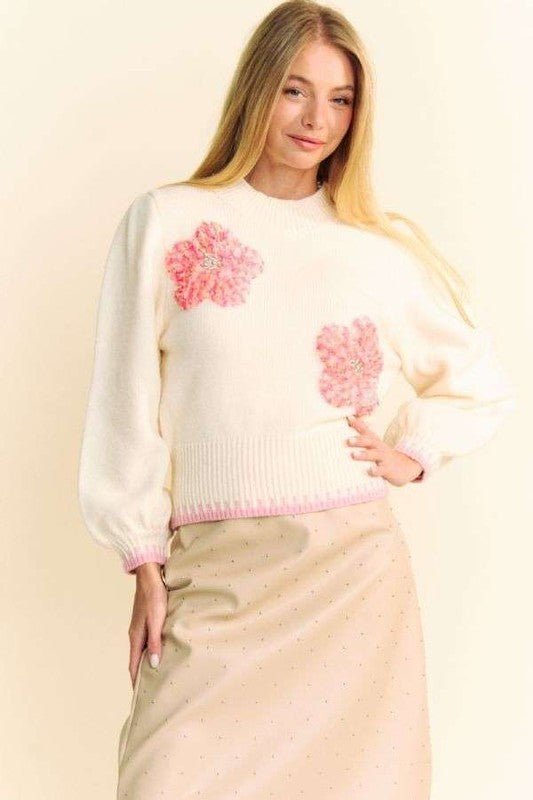 Davi & Dani - Flower Patch Fuzzy Mock Neck Sweater in Ivory