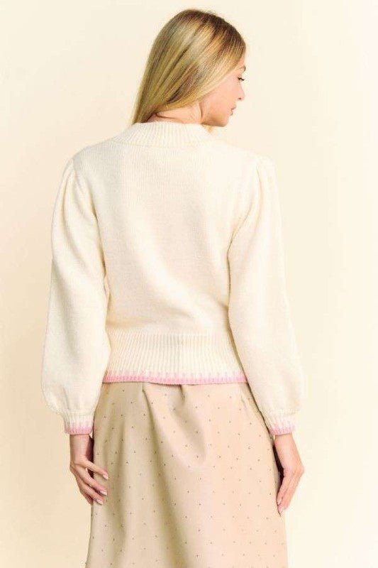 Davi & Dani - Flower Patch Fuzzy Mock Neck Sweater in Ivory