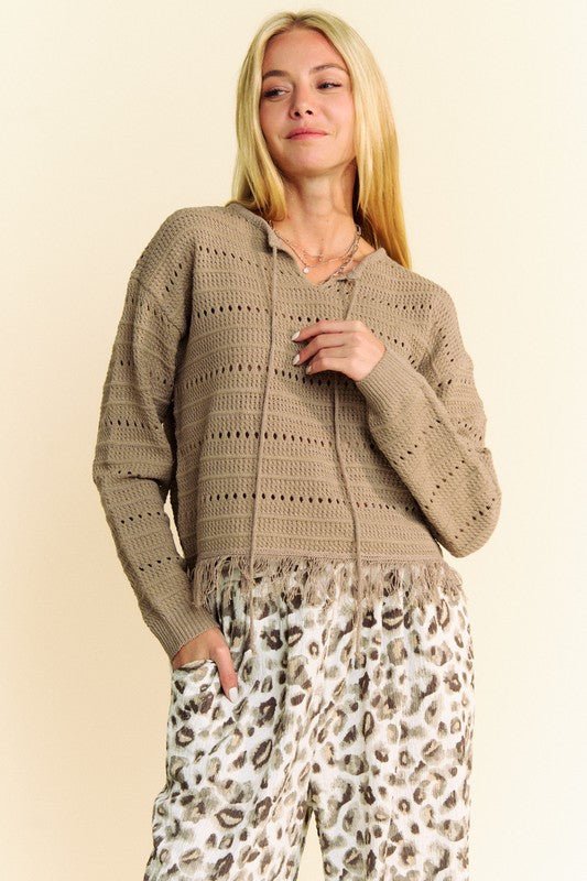 Davi & Dani - Fringe Hem Openwork Knit Top in Taupe