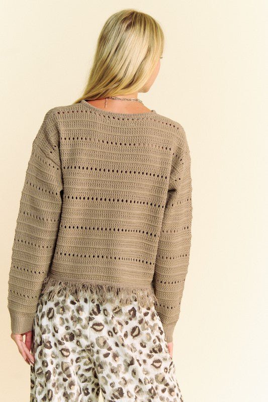 Davi & Dani - Fringe Hem Openwork Knit Top in Taupe