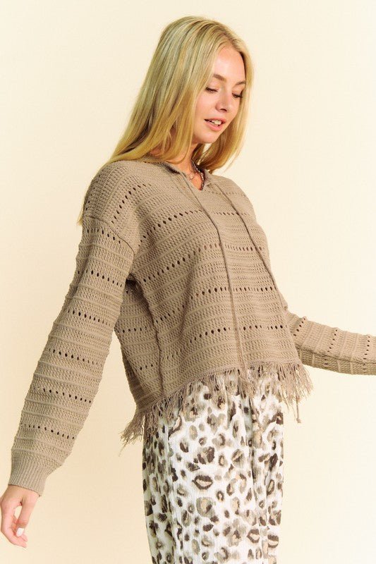 Davi & Dani - Fringe Hem Openwork Knit Top in Taupe