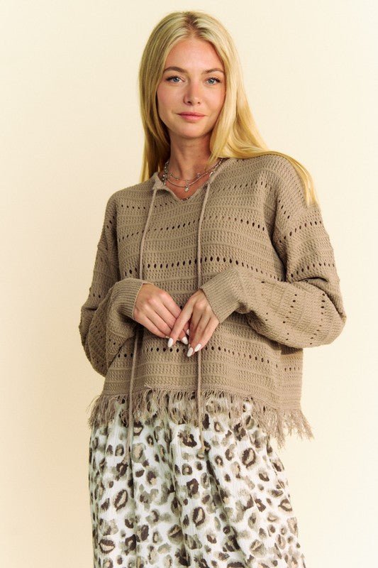 Davi & Dani - Fringe Hem Openwork Knit Top in Taupe