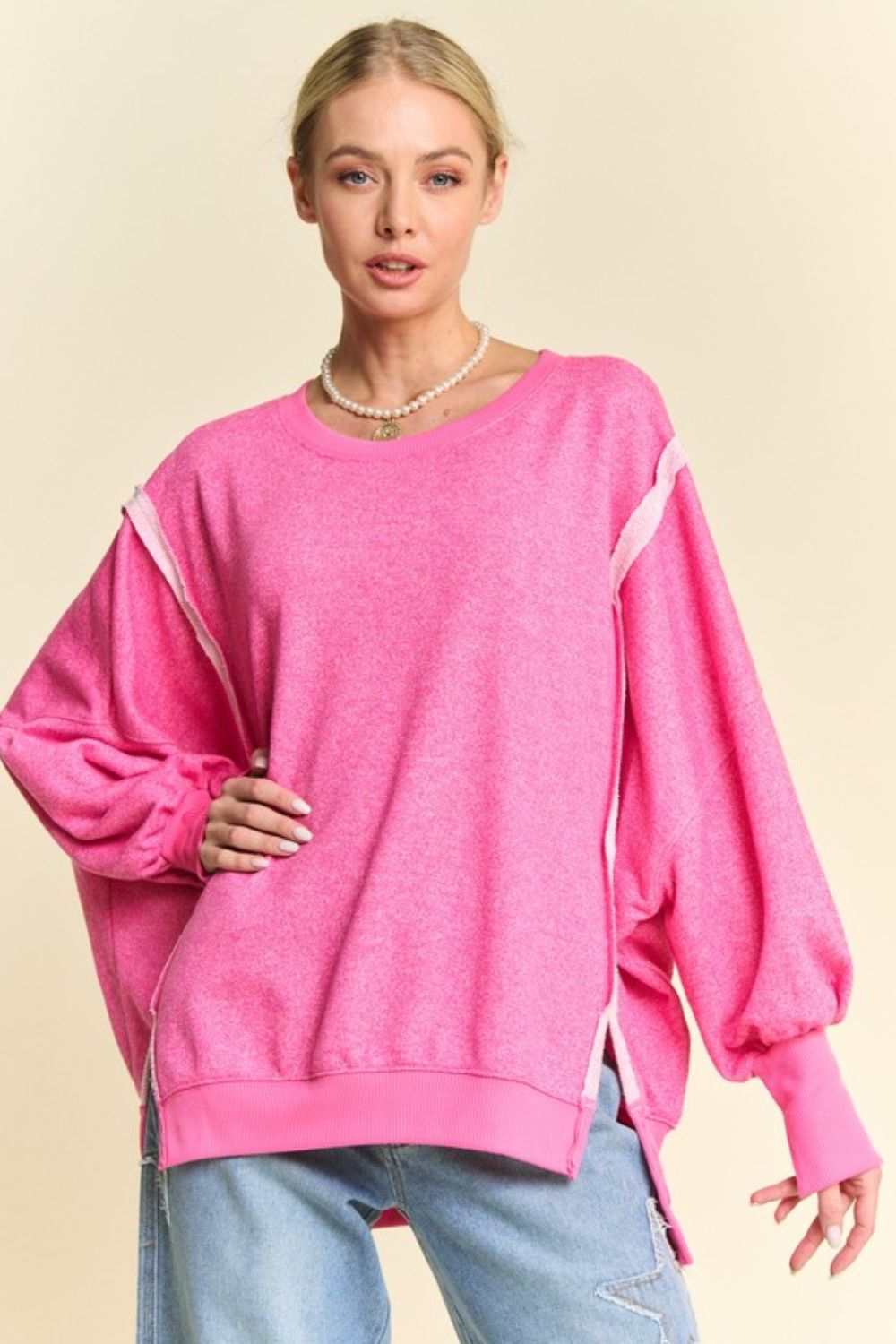 Davi & Dani - Fuchsia Pink High - Low Hem Knit Tunic Top