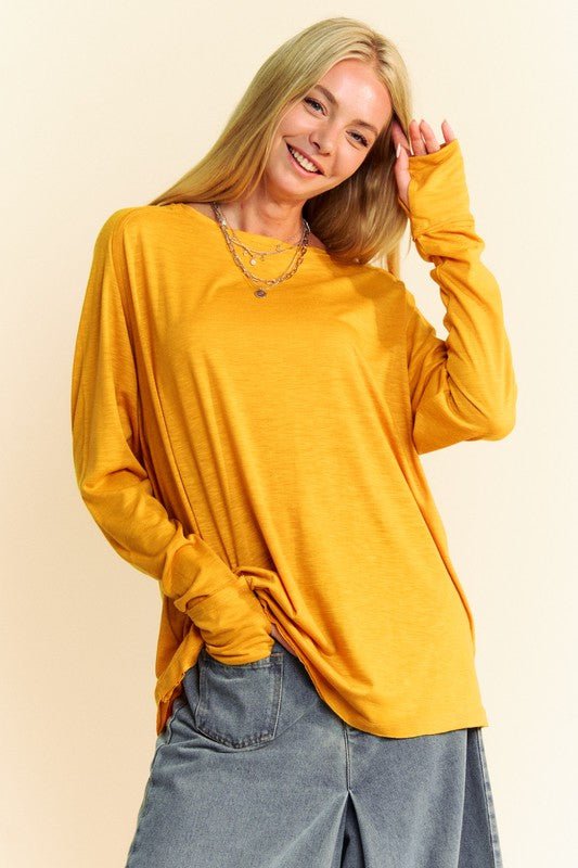 Davi & Dani - Gold Boat Neck Long Sleeve Cotton T-Shirt