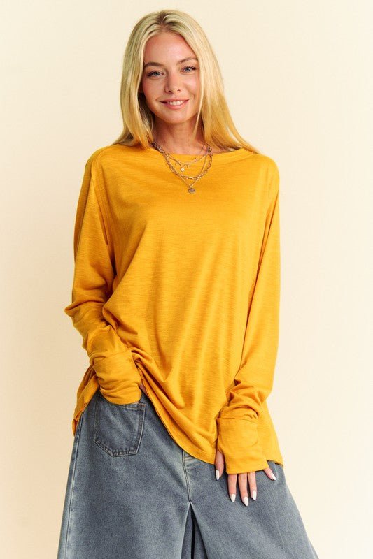 Davi & Dani - Gold Boat Neck Long Sleeve Cotton T-Shirt