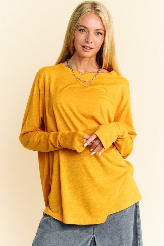 Davi & Dani - Gold Boat Neck Long Sleeve Cotton T-Shirt