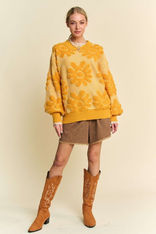 Davi & Dani - Gold Textured Flowers Sweater