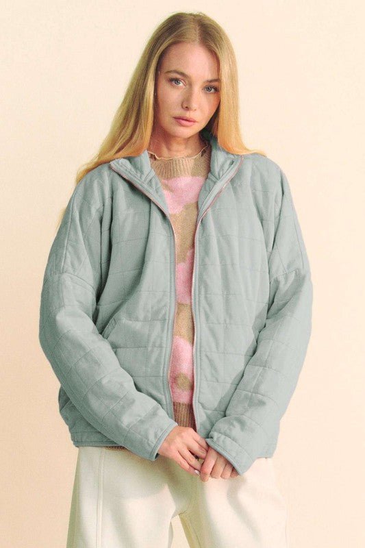 Davi & Dani - Gray - Blue Quilted Zip Up Jacket