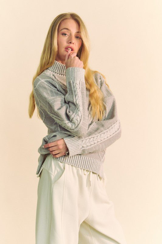 Davi & Dani - Gray Cable Knit Turtleneck Sweater