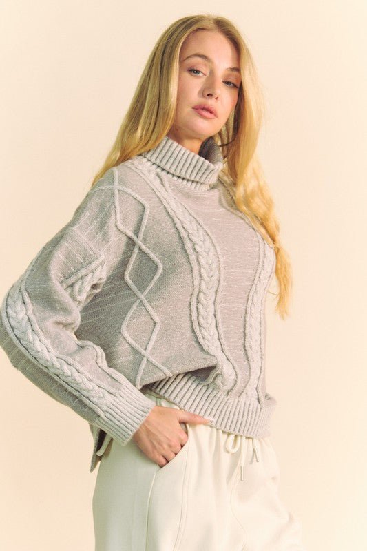 Davi & Dani - Gray Cable Knit Turtleneck Sweater