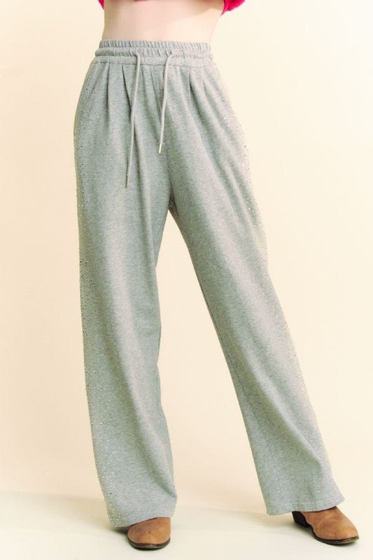 Davi & Dani - Gray Rhinestone Drawstring Wide Leg Pants