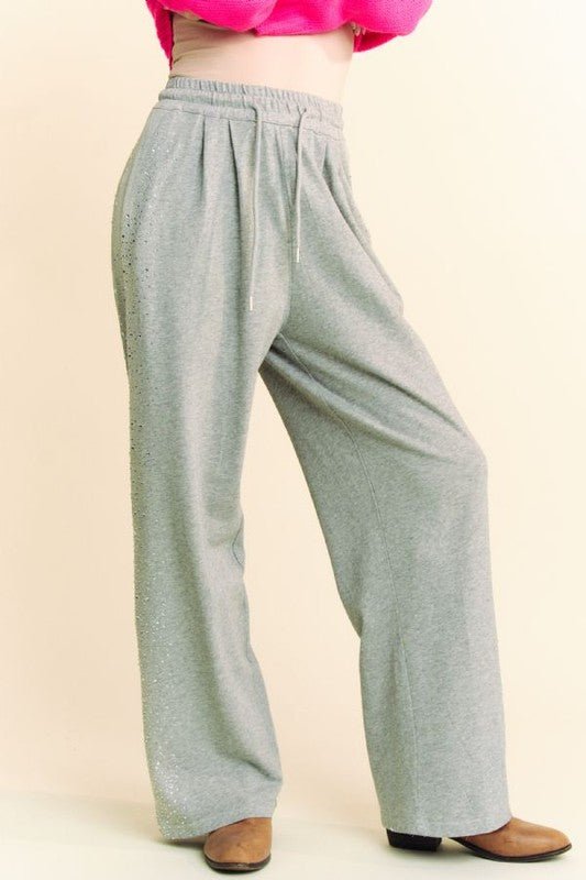Davi & Dani - Gray Rhinestone Drawstring Wide Leg Pants