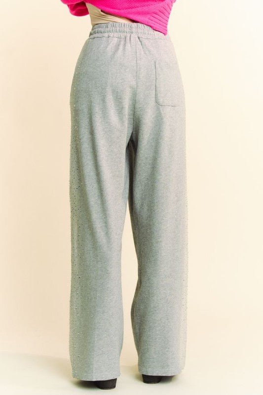 Davi & Dani - Gray Rhinestone Drawstring Wide Leg Pants