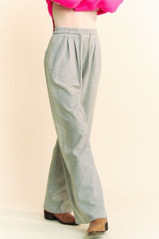 Davi & Dani - Gray Rhinestone Drawstring Wide Leg Pants