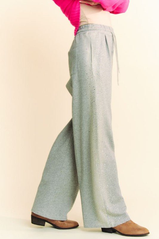 Davi & Dani - Gray Rhinestone Drawstring Wide Leg Pants