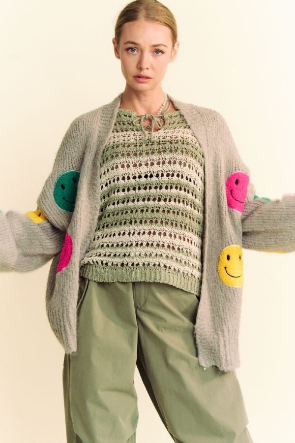 Davi & Dani - Gray Smiley Face Open Front Cardigan