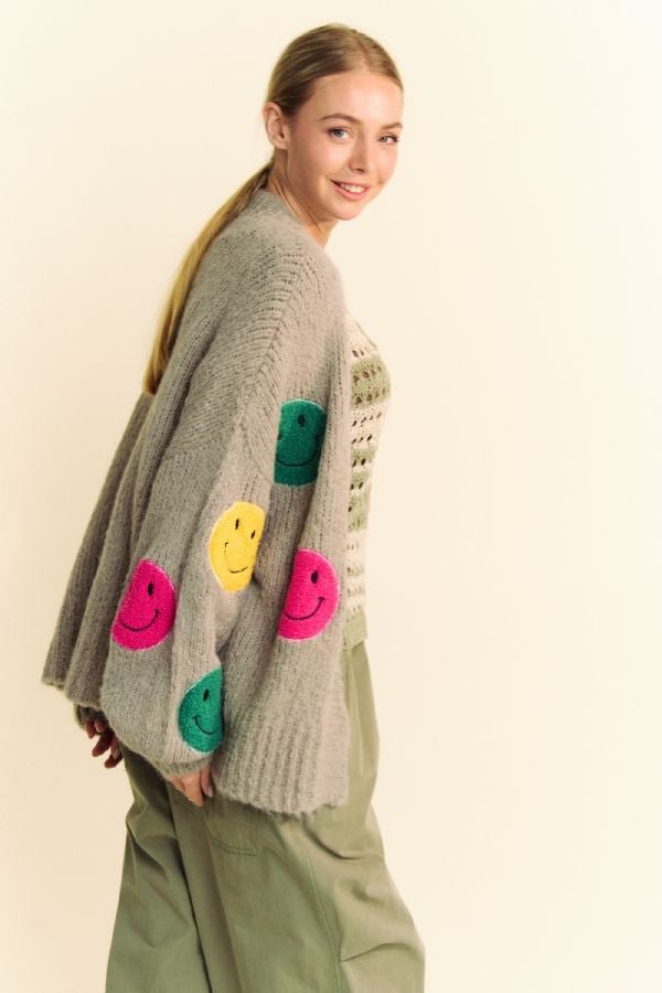 Davi & Dani - Gray Smiley Face Open Front Cardigan