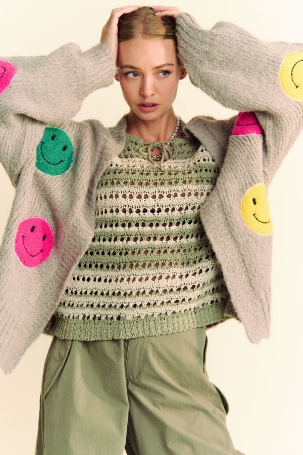 Davi & Dani - Gray Smiley Face Open Front Cardigan