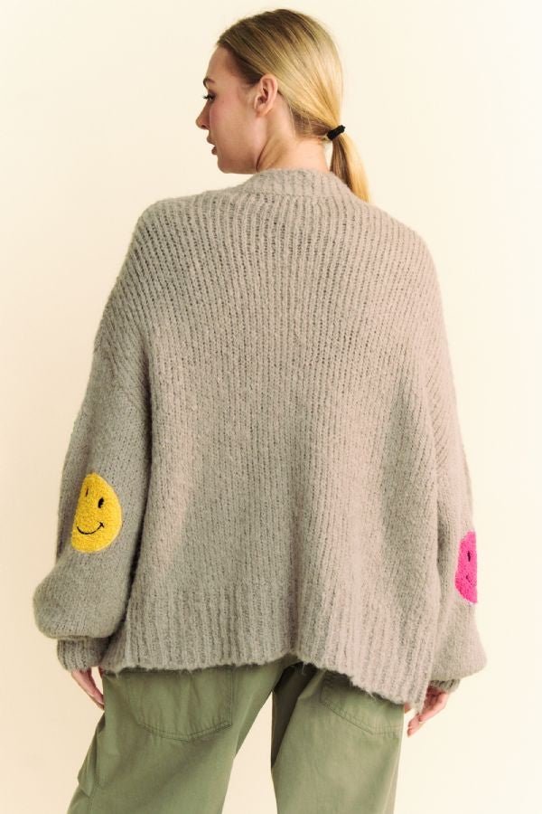 Davi & Dani - Gray Smiley Face Open Front Cardigan