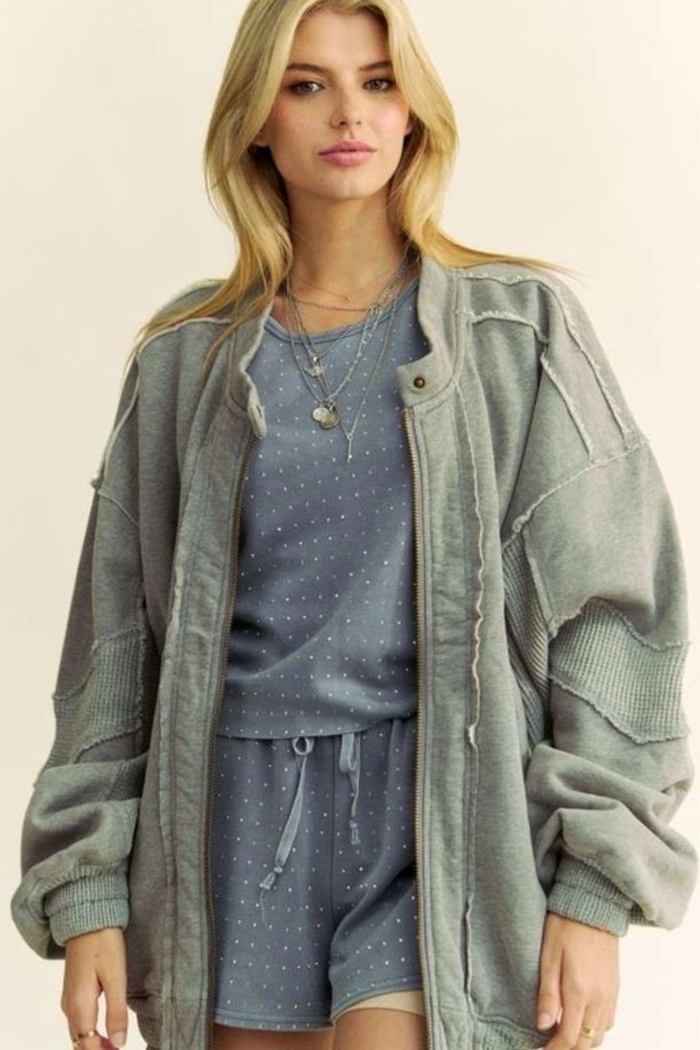 Davi & Dani - Gray Vintage Wash Zip Up Jacket