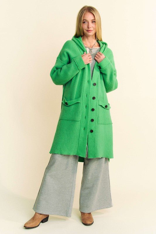 Davi & Dani - Green Button Up Longline Hooded Cardigan