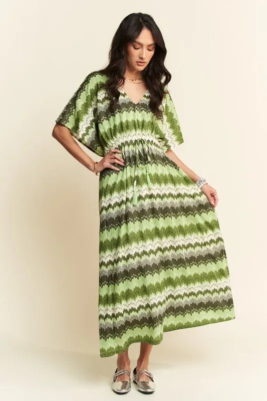 Davi & Dani - Green Chevron Smocked Waist Midi Dress