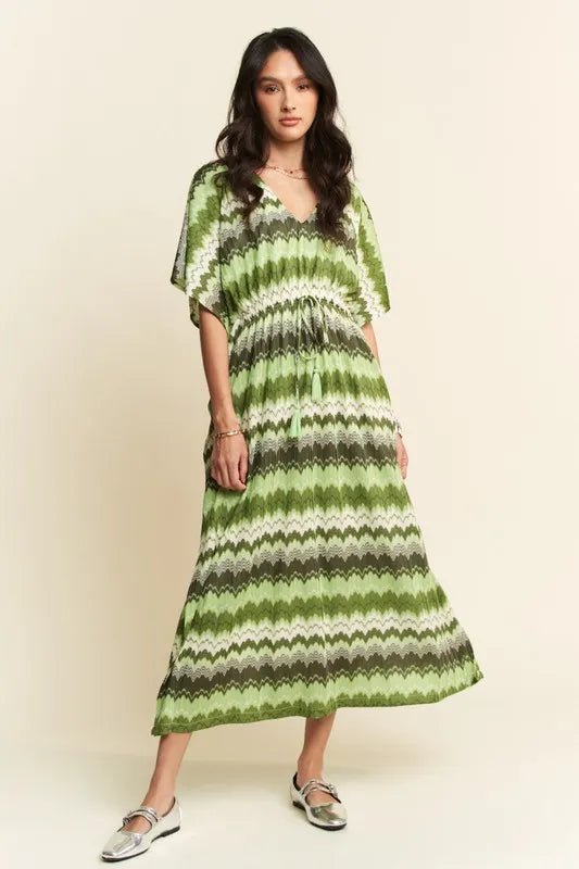 Davi & Dani - Green Chevron Smocked Waist Midi Dress