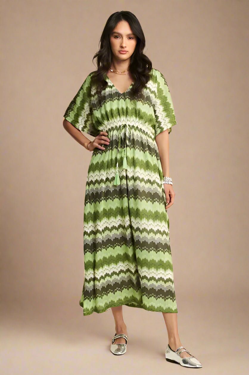 Davi & Dani - Green Chevron Smocked Waist Midi Dress