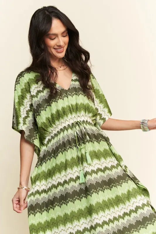 Davi & Dani - Green Chevron Smocked Waist Midi Dress
