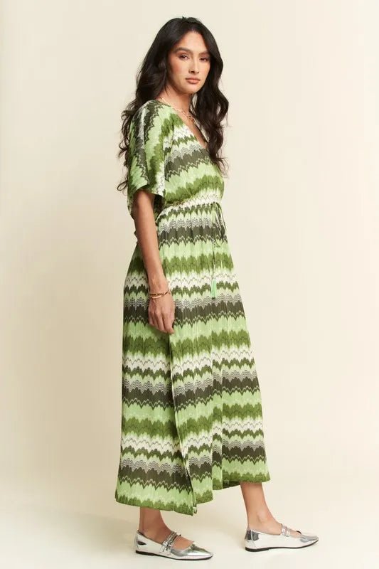 Davi & Dani - Green Chevron Smocked Waist Midi Dress