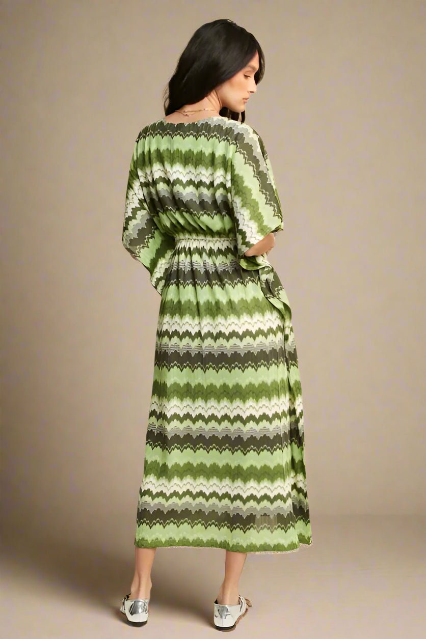Davi & Dani - Green Chevron Smocked Waist Midi Dress