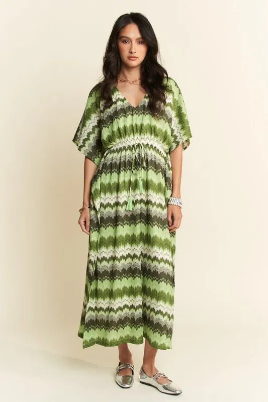 Davi & Dani - Green Chevron Smocked Waist Midi Dress