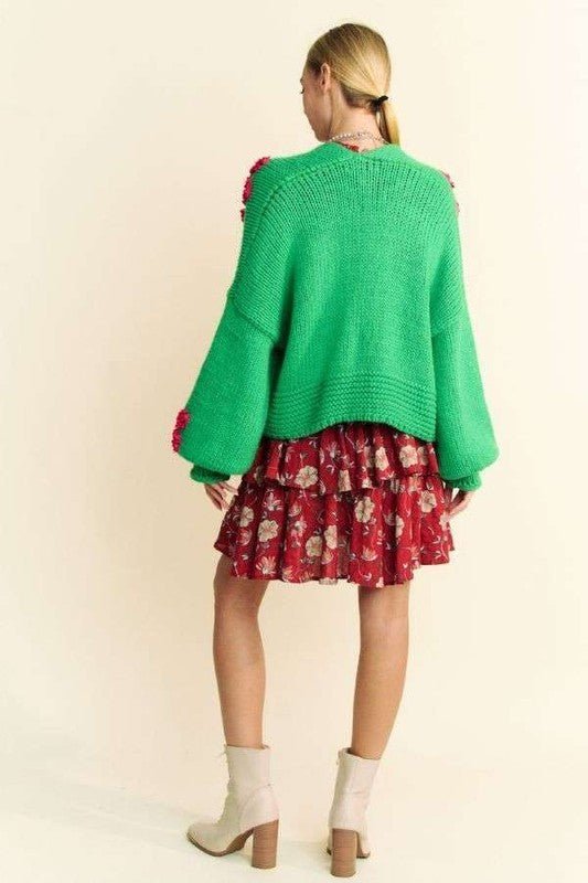 Davi & Dani - Green Floral Appliqué Open Front Cardigan