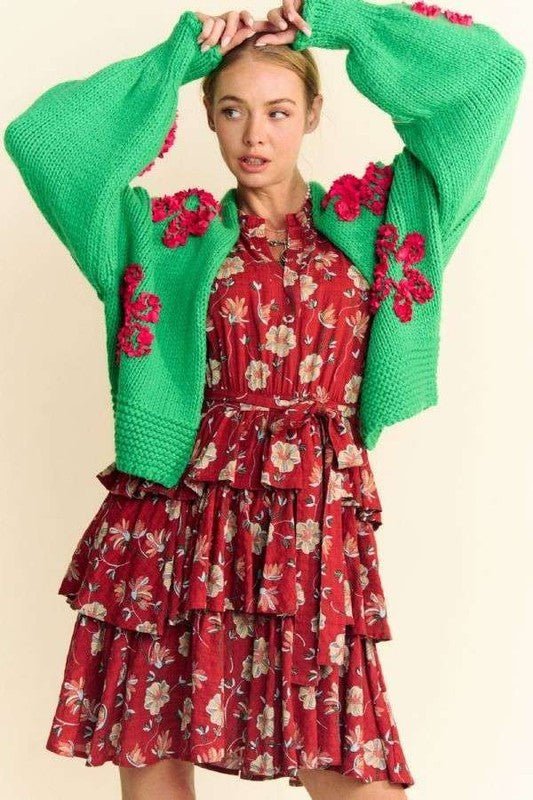 Davi & Dani - Green Floral Appliqué Open Front Cardigan