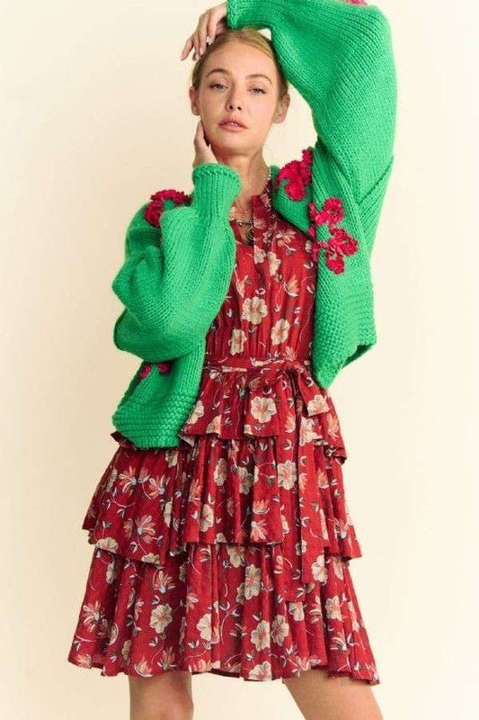 Davi & Dani - Green Floral Appliqué Open Front Cardigan