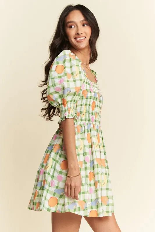 Davi & Dani - Green Gingham Fruit Print Puff Sleeve Mini Dress