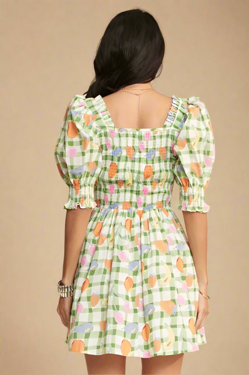 Davi & Dani - Green Gingham Fruit Print Puff Sleeve Mini Dress