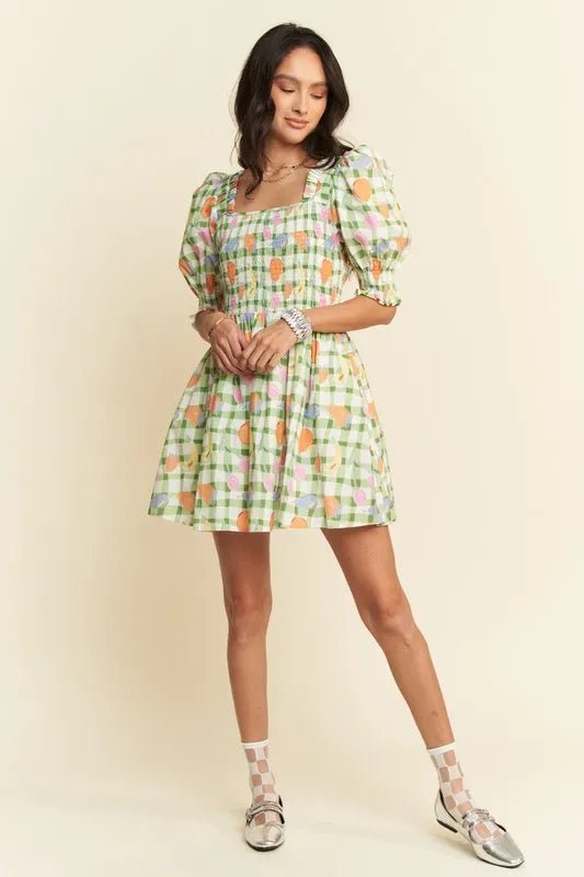 Davi & Dani - Green Gingham Fruit Print Puff Sleeve Mini Dress