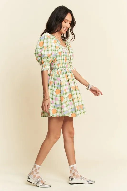 Davi & Dani - Green Gingham Fruit Print Puff Sleeve Mini Dress