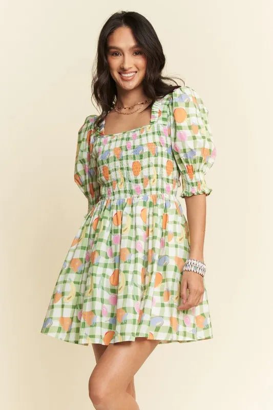 Davi & Dani - Green Gingham Fruit Print Puff Sleeve Mini Dress