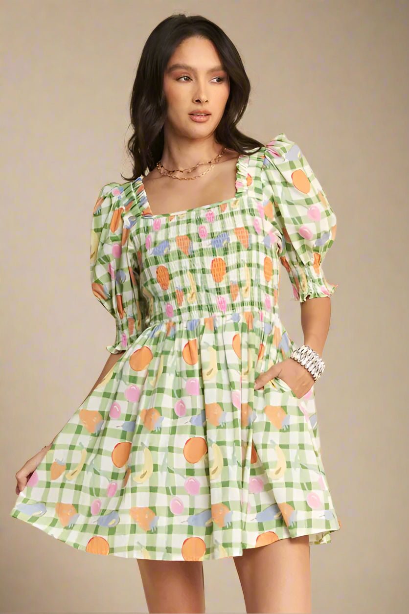 Davi & Dani - Green Gingham Fruit Print Puff Sleeve Mini Dress