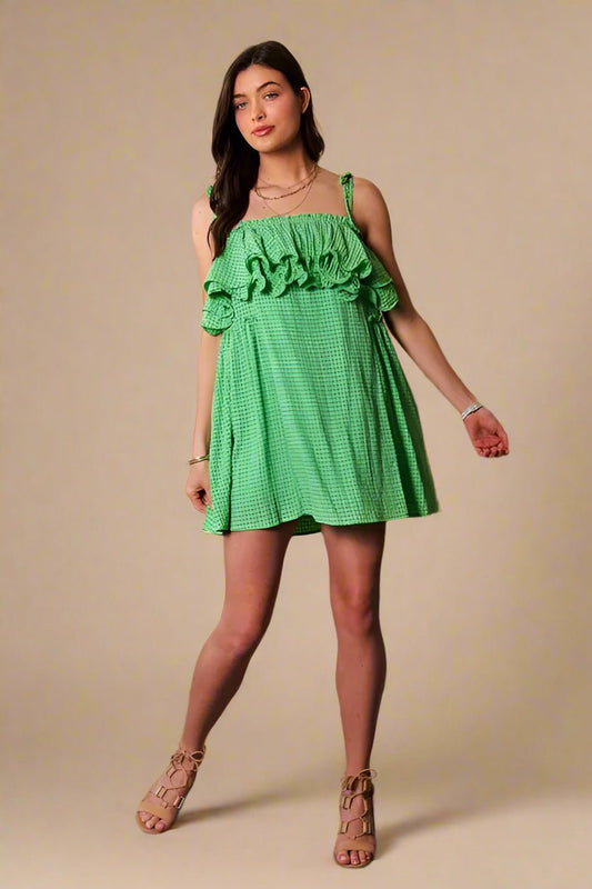 Davi & Dani - Green Ruffle Tie - Strap Mini Dress in Textured Grid