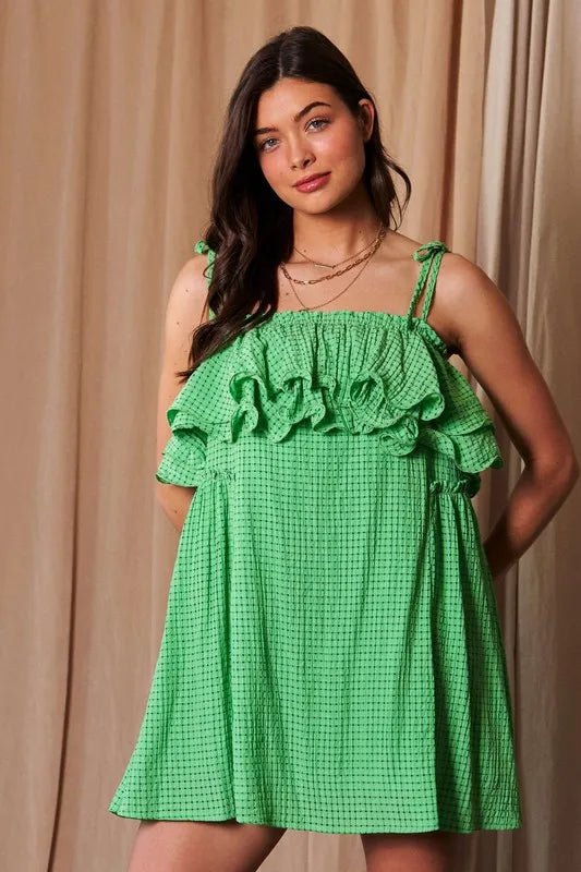 Davi & Dani - Green Ruffle Tie - Strap Mini Dress in Textured Grid