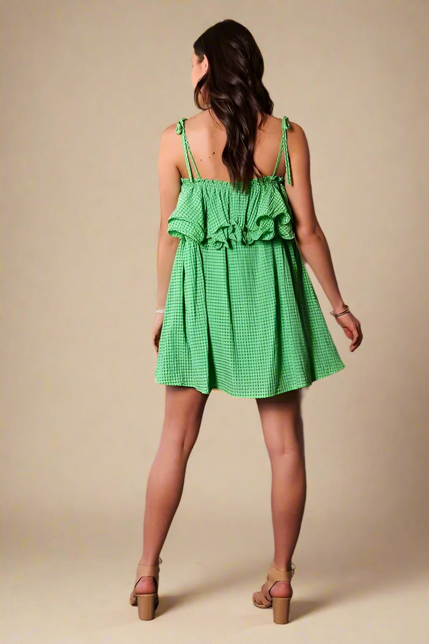 Davi & Dani - Green Ruffle Tie - Strap Mini Dress in Textured Grid