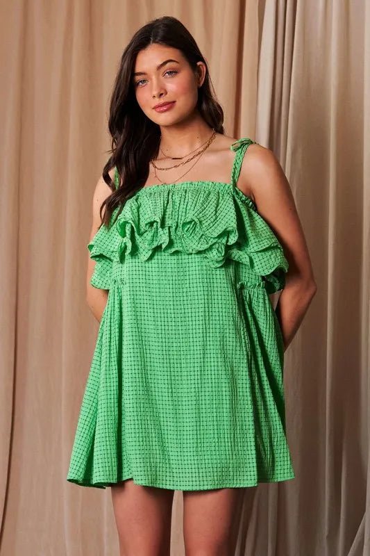 Davi & Dani - Green Ruffle Tie - Strap Mini Dress in Textured Grid