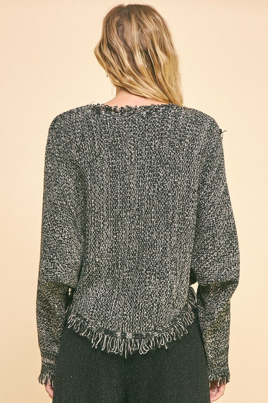 Davi & Dani - Grey Black Fringe Asymmetrical Crop Sweater