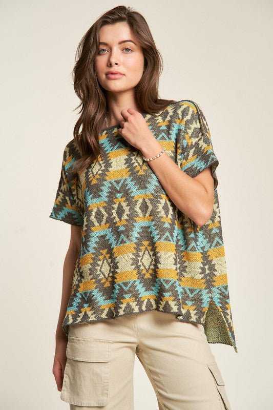 Davi & Dani - High - Low Hem Aztec Print Knit Top in Seafoam & Yellow